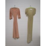 1930's peach crepe evening dress interspersed with chiffon at the sleeves with bold floral design,