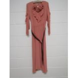 A 1930's pink crepe tea dance dress with pink and brown flowered neckline