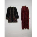 1920's red cut velvet dress together with a Monsoon label black wool tunic style jacket edged with