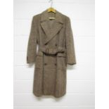 Early 20th Century cream and brown heavy wool herringbone double breasted overcoat with belt,