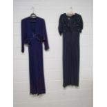 Two 1940's purple crepe evening dresses both embellished with sequins, one with a matching bolero,