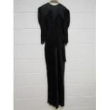 1930's black silk evening gown with deep fringing detail