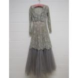 1950's grey net, lace and pearl ball gown, embellished with irredescent sequins,