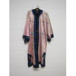 1920's pink satin embroidered Kimono with flowers edged in a deep blue silk foliate border