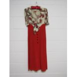 Ossie Clark, 1970's red and cream crepe day dress with flowered bodice,