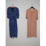 A 1930's cream and red check crepe day dress and a 1940's blue and white day dress,
