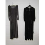 Two 1940's evening dresses dark silver lame and a black crepe sequined evening dress with waterfall