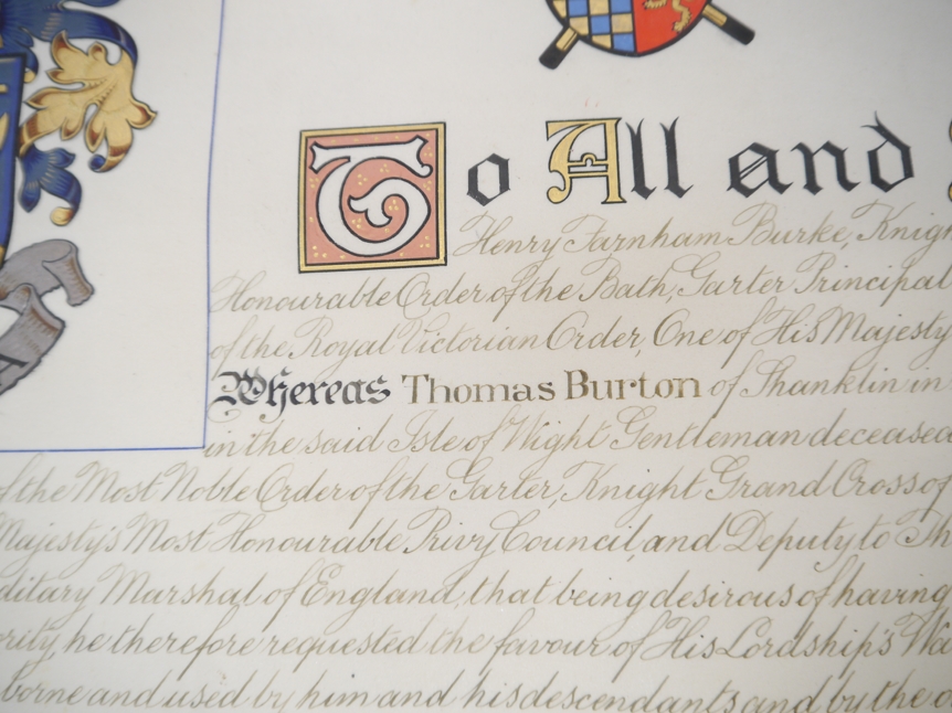 HM King George V Grant of Arms illuminated vellum scroll, - Image 8 of 9