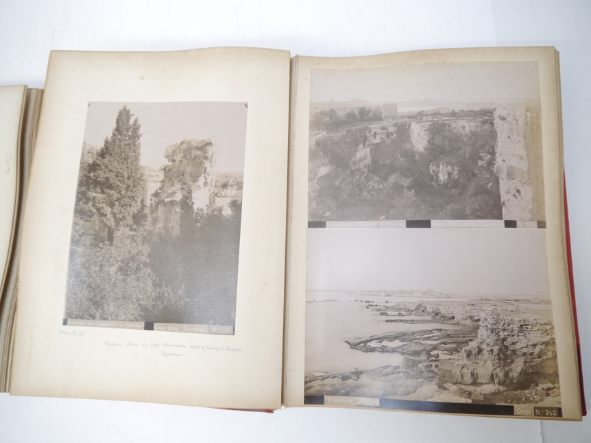 A late 19th Century photograph album containing approx 100 large mounted albumen topographical and - Image 5 of 11