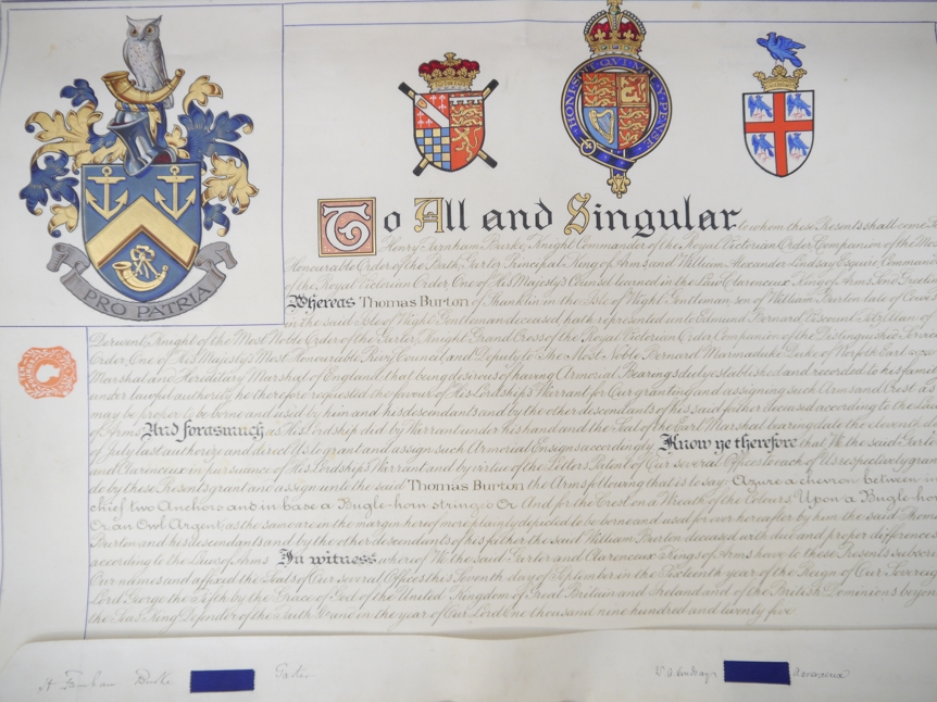 HM King George V Grant of Arms illuminated vellum scroll, - Image 3 of 9