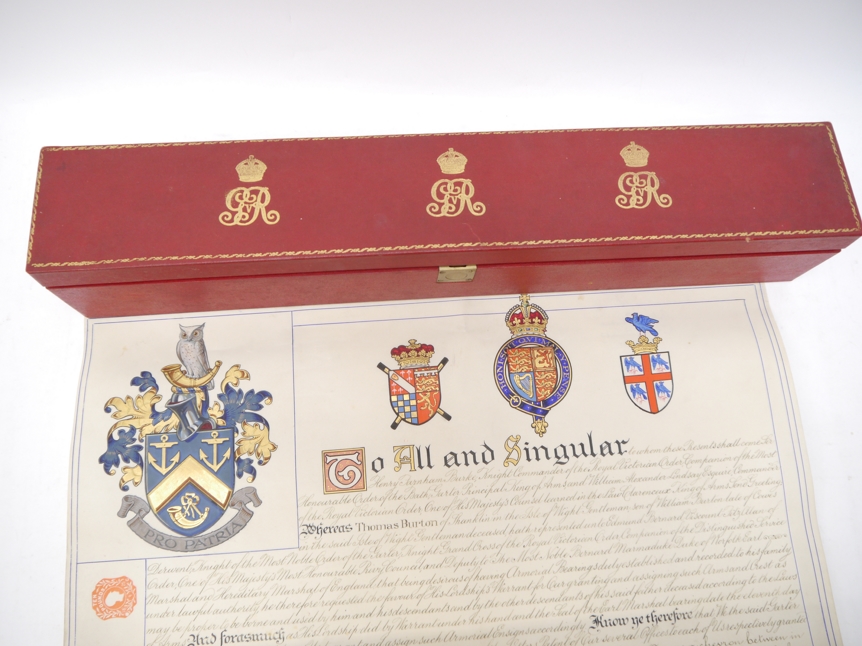 HM King George V Grant of Arms illuminated vellum scroll,