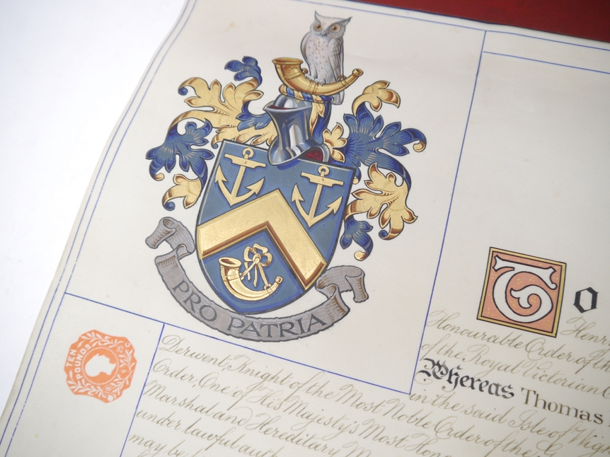 HM King George V Grant of Arms illuminated vellum scroll, - Image 5 of 9