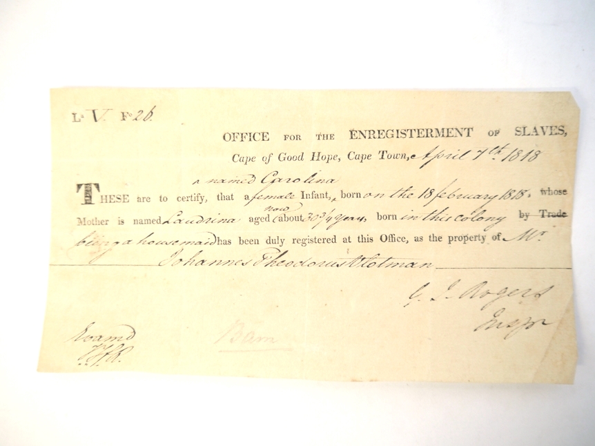 An 1818 document registering the birth of a slave, Cape Town, 1818,