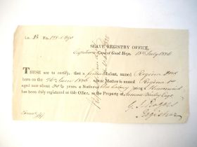 An 1826 document registering the birth of a slave, Cape Town, 1826,