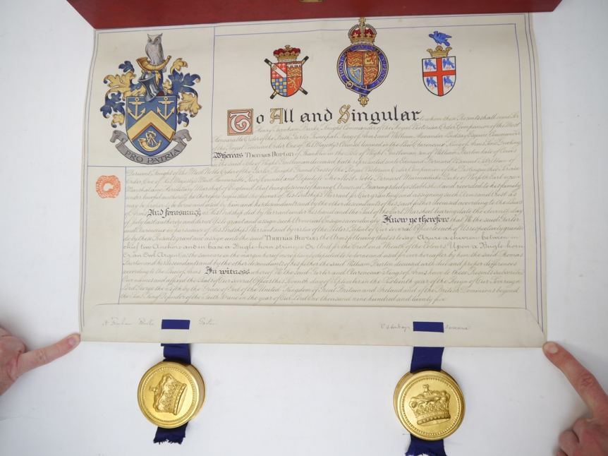 HM King George V Grant of Arms illuminated vellum scroll, - Image 2 of 9