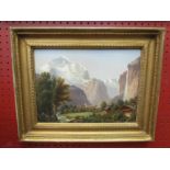 An oil on board of Swiss Alpine scene with chalets, signed outside of the mount lower right,