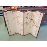 An Oriental Victorian four fold screen with embroidered silk bird design,