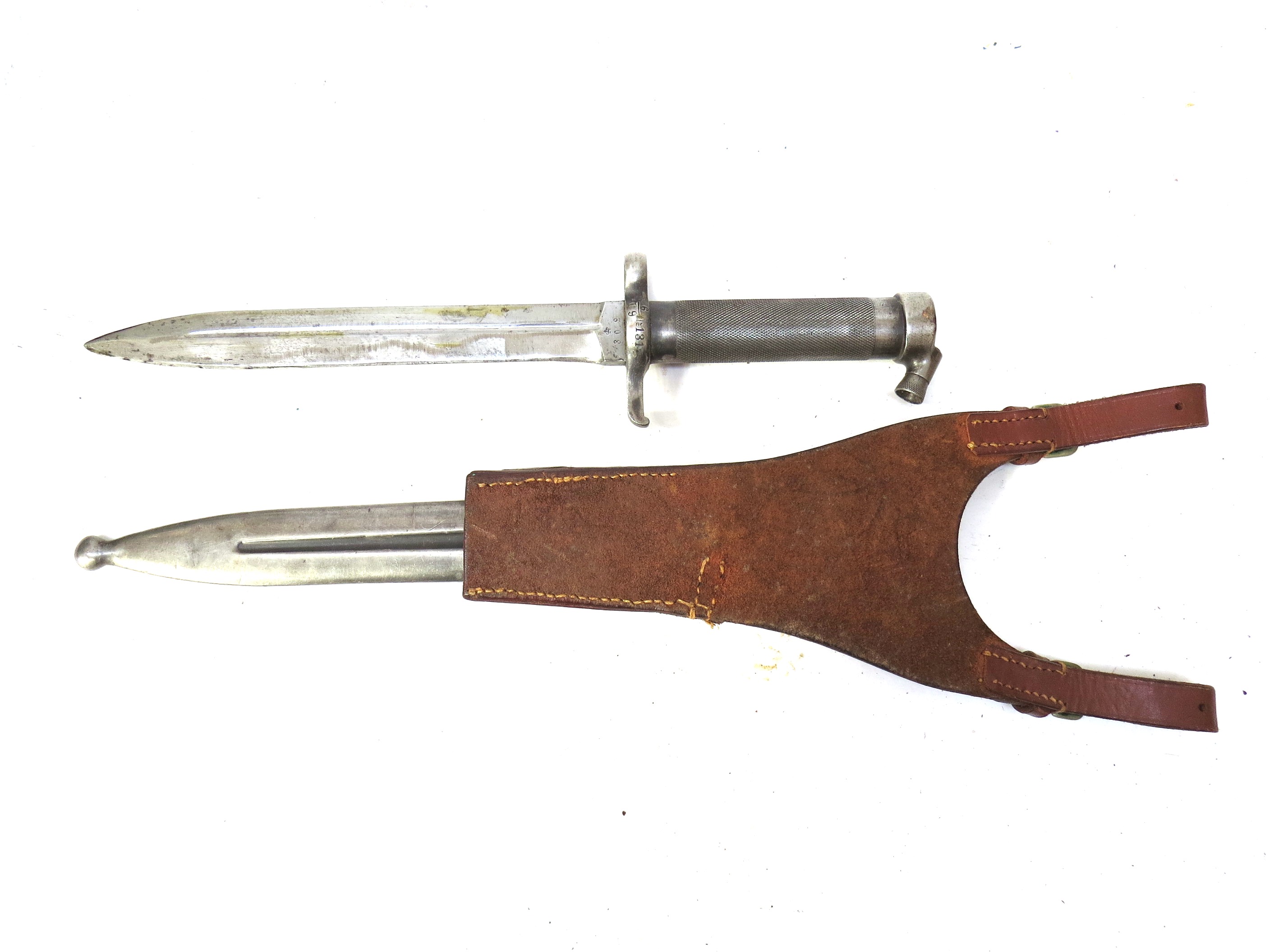 A Swedish M1896 pattern bayonet wtih steel stabbard and brown leather belt frog - Image 2 of 2