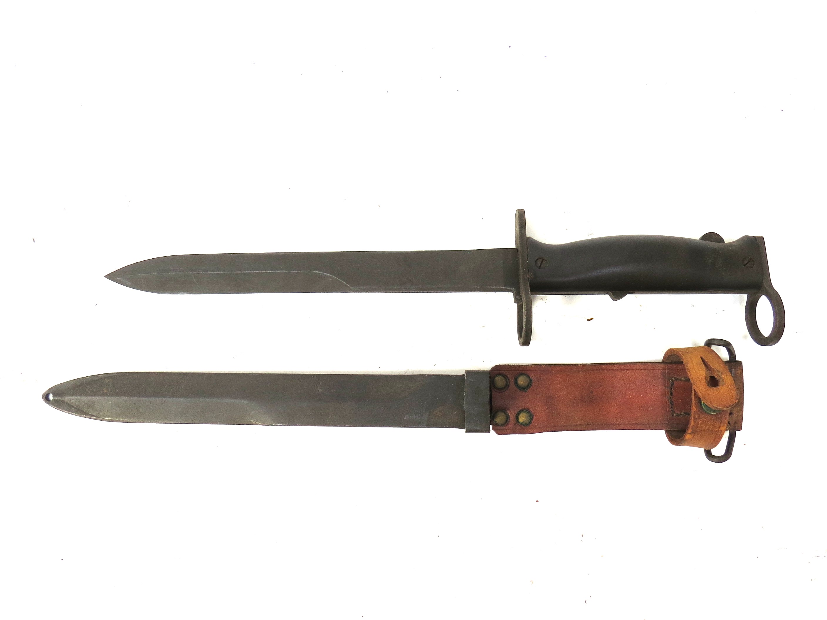 A French MAS 49/56 knife bayonet wtih scabbard and brown leather belt loop