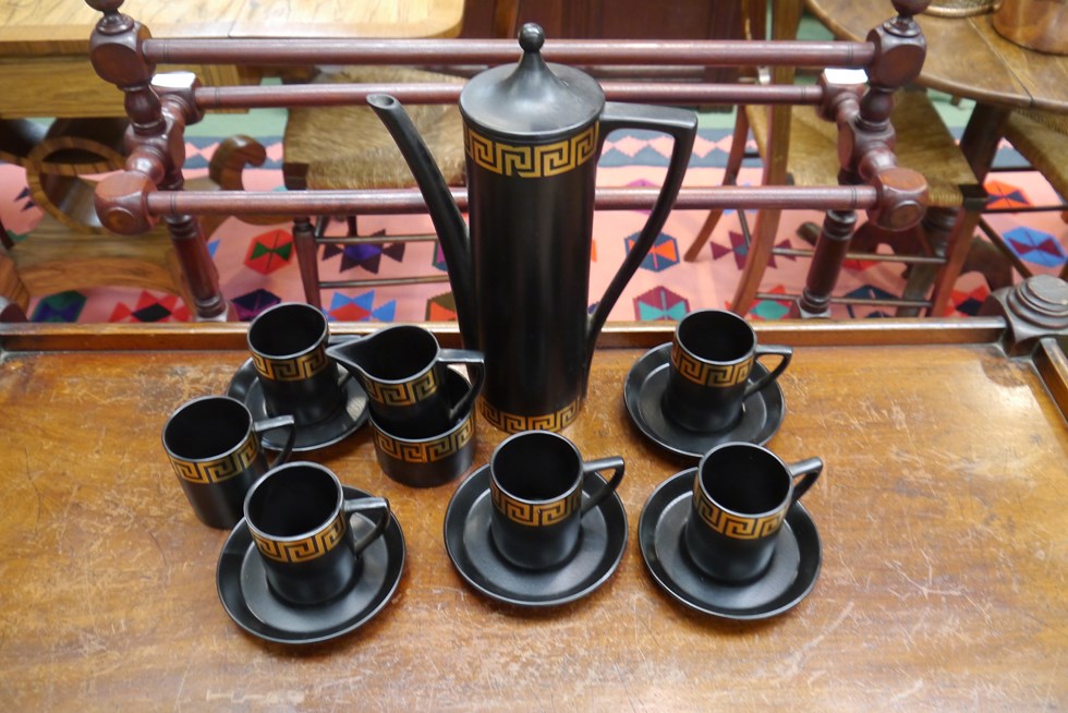 A part Portmeirion "Greek Key" coffee set to include coffee pot, six cups, five saucers,