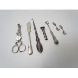 Silver items to include condiment spoons, button hook, butter knife, pickle fork,