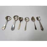 Six silver condiment and tea caddy spoons, some monogrammed, various makers and dates,