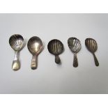 Five silver tea caddy spoons including Georgian and Victorian, various makers and dates,