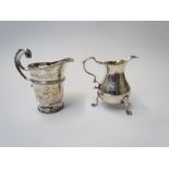 Two silver cream jugs, split to lip and foot misshapen, marks rubbed,