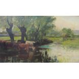 MAGGIE R. NICHOL (XIX) A gilt framed oil on canvas of cattle on a rivers edge on a summers day.