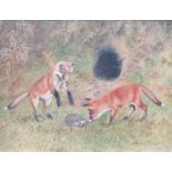 DAVID J PERKINS (b.1936): An oil on canvas of Fox cubs toying with a Hedgehog. Signed bottom right.