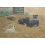 JOHN LEY-PETHYBRIDGE (1865-1905) An oak framed oil on canvas of a Terrier and three black piglets.