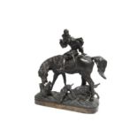 A late 20th Century bronzed metal figural group, horse and rider with pack of hounds,
