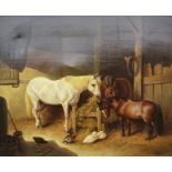 HARRY E. HIME (1863-1933): An oil on canvas, stable scene with horses and pony. Signed bottom right.