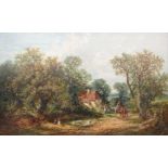 JAMES EDWIN MEADOWS (1828-1888): An oil on canvas, Woodland Cottage with horse and cart,