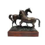 A bronzed metal sculpture of a pair of horses on naturalistic base and set on a rectangular wooden