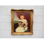 An mid 19th Century oil on canvas portrait of a young girl holding a cat,