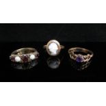 Three 9ct gold rings including cameo, garnet and opal etc, 6.