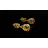 A pair of Greek gold diamond and emerald drop earrings, backs stamped 750, 3cm drop, 9.
