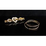 A 9ct gold bar brooch as a pearl set heart and a pair of hoop earrings stamped 9c, 2.
