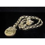 A 1957 gold sovereign on pendant mount hung on a 9ct gold belcher chain, 64cm long, 18.