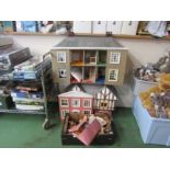 A Georgian style two story dolls house and another mock tudor example together with assorted dolls