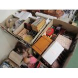 Two boxes of assorted dolls house furniture and accessories