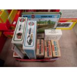 A tin of mostly Airfix 00 gauge railway plastic model kits