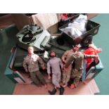 Three Action Man figures, one with Eagle Eyes (head loose) together with assorted clothing, trailer,
