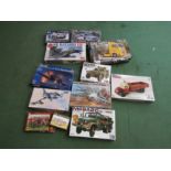 A collection of military and other plastic model kits and figures including Tamiya, Revell,
