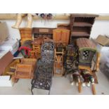 A collection of wooden and metal model furniture and two model caravans with ceramic shire horses