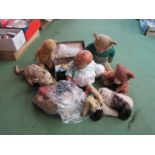 Assorted vintage careworn soft filled toys and dolls including Chad Valley golden mohair teddy bear