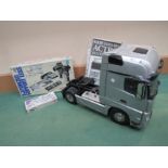 A Tamiya kit built 1:14 scale radio control Mercedes-Benz Actros 1851 Gigaspace tractor truck with