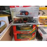 Two boxed Britains 9567 Chafer Sprayers and three diecast tractors (5)