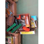 A box of mixed playworn toys including Tri-ang rolling stock,